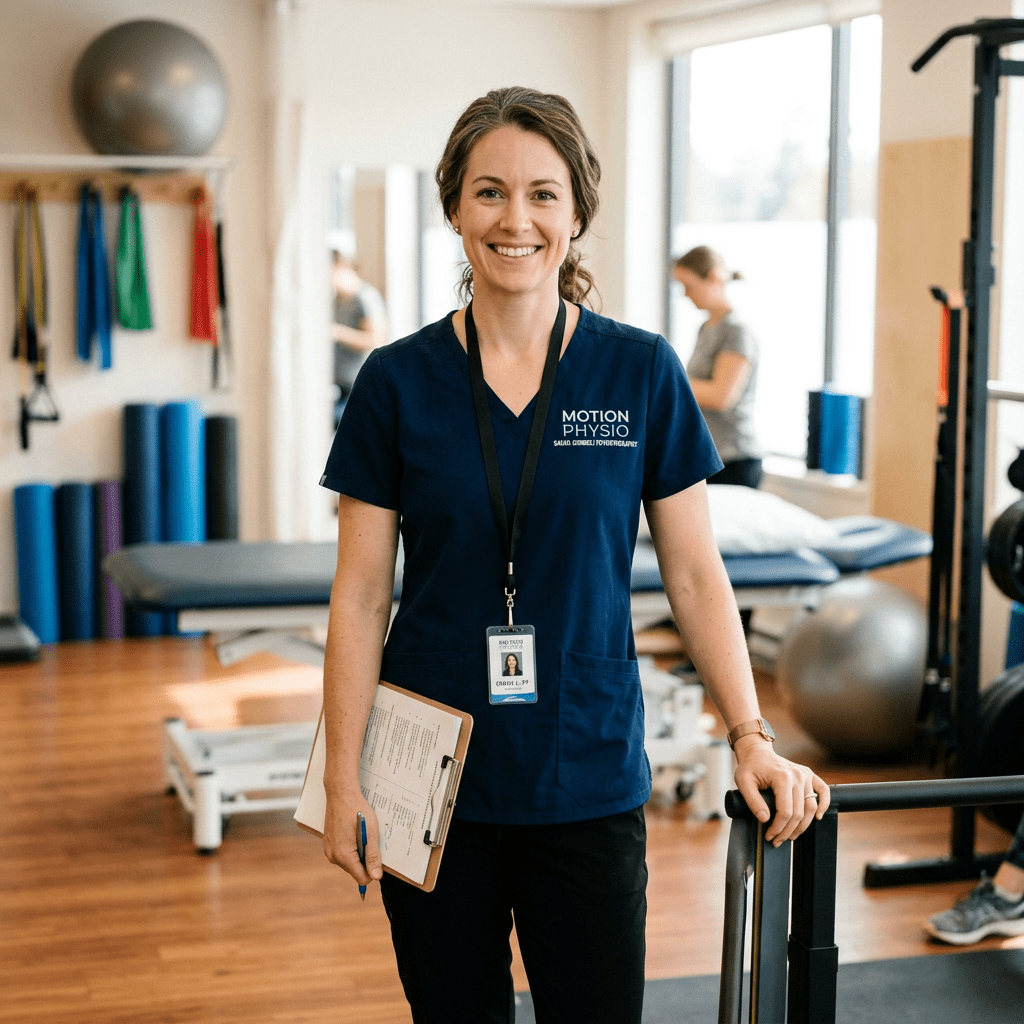 Smiling female physiotherapist holding clipboard in therapy room with exercise equipment