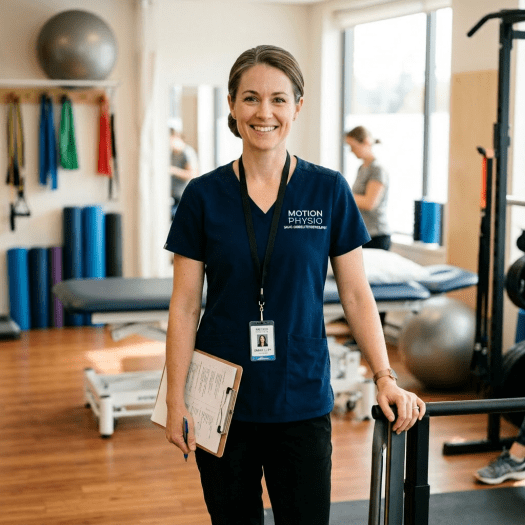 Smiling female physiotherapist holding clipboard in therapy room with exercise equipment