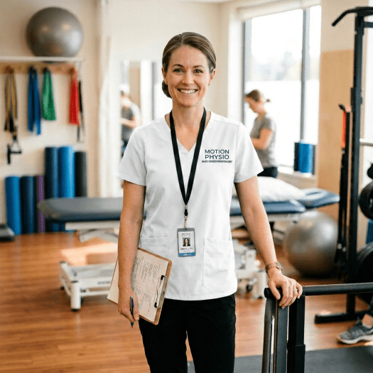 Smiling female physiotherapist holding clipboard in therapy room with exercise equipment