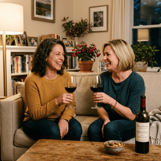 Two women laughing together while holding glasses of red wine